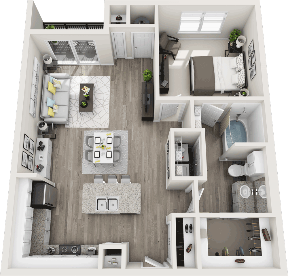 Floor plan for 1 bed, 1 bath, 844 sqft